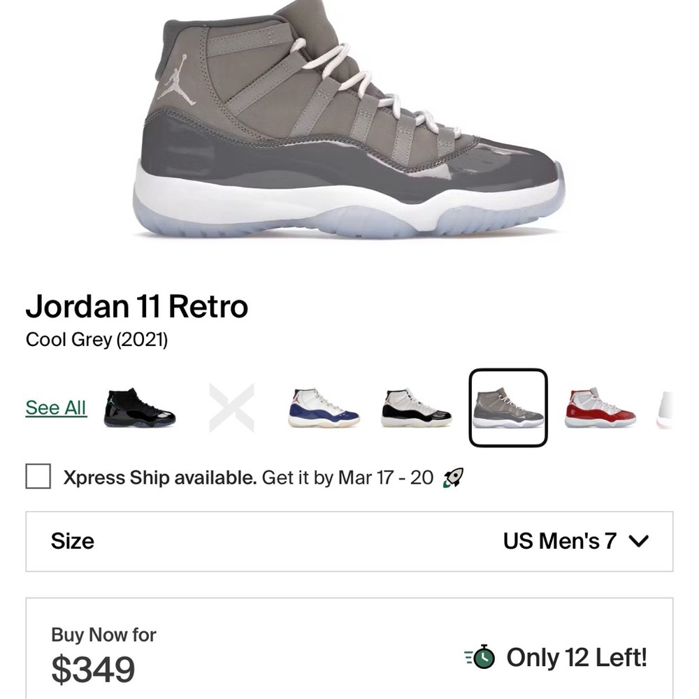 Jordan 11 Retro Cool Grey/White Men's Basketball Sneakers